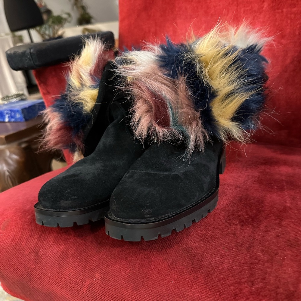 Sam Edelman Black suede Boots with multicolor funky Fur Accent